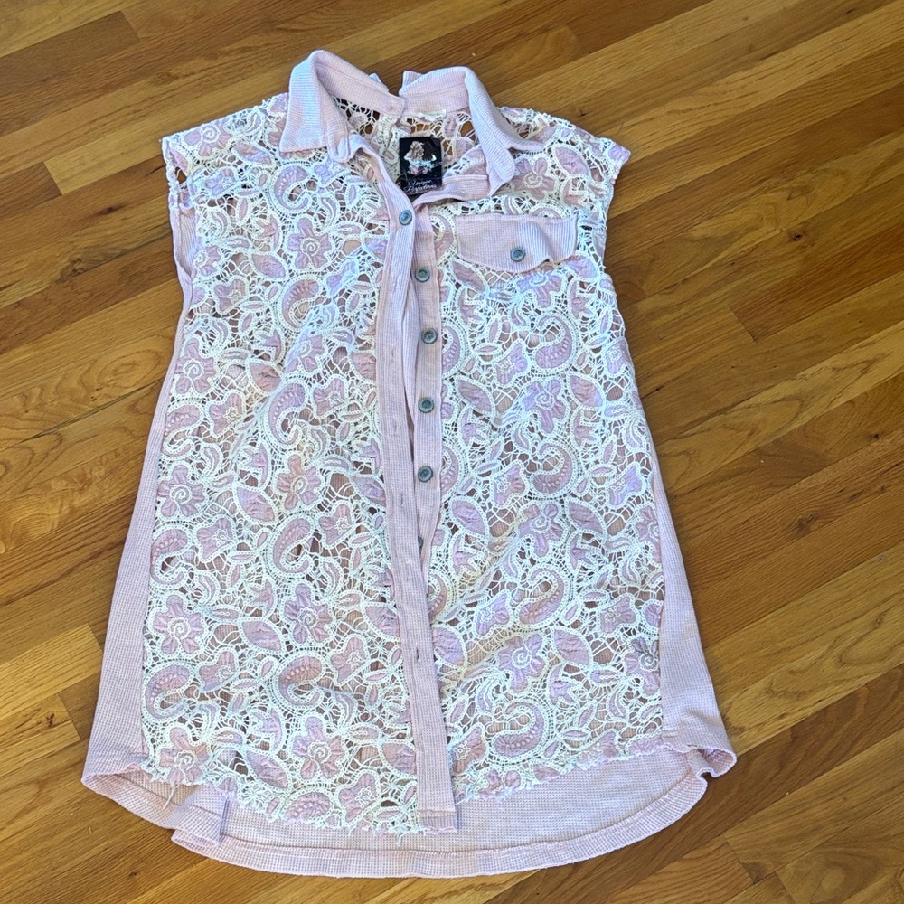 Pol Pink Lace Button-Up Boho Sleeveless Tunic Top New Medium